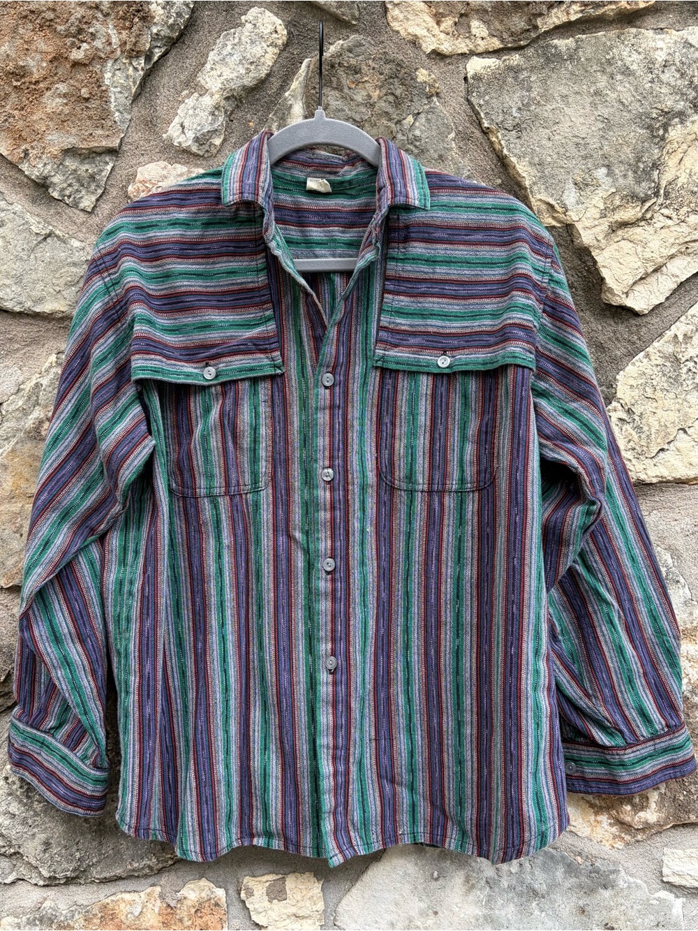 Vtg 90s Hand Woven Guatemala Button Down Striped Cotton Shirt Sz SMALL cool, hip